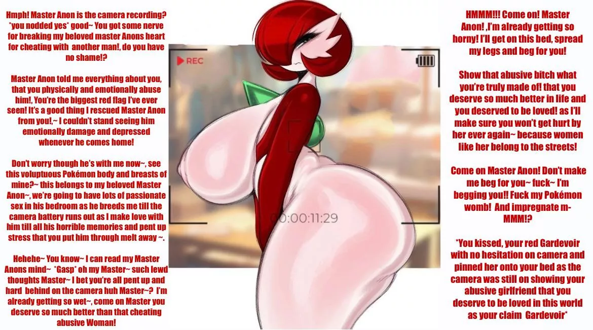 Your red gardevoir rescues you from a toxic and abusive girlfriend [gardevoir] [rescued] [pokemon] [breeding] [Artist:saltyxodium]