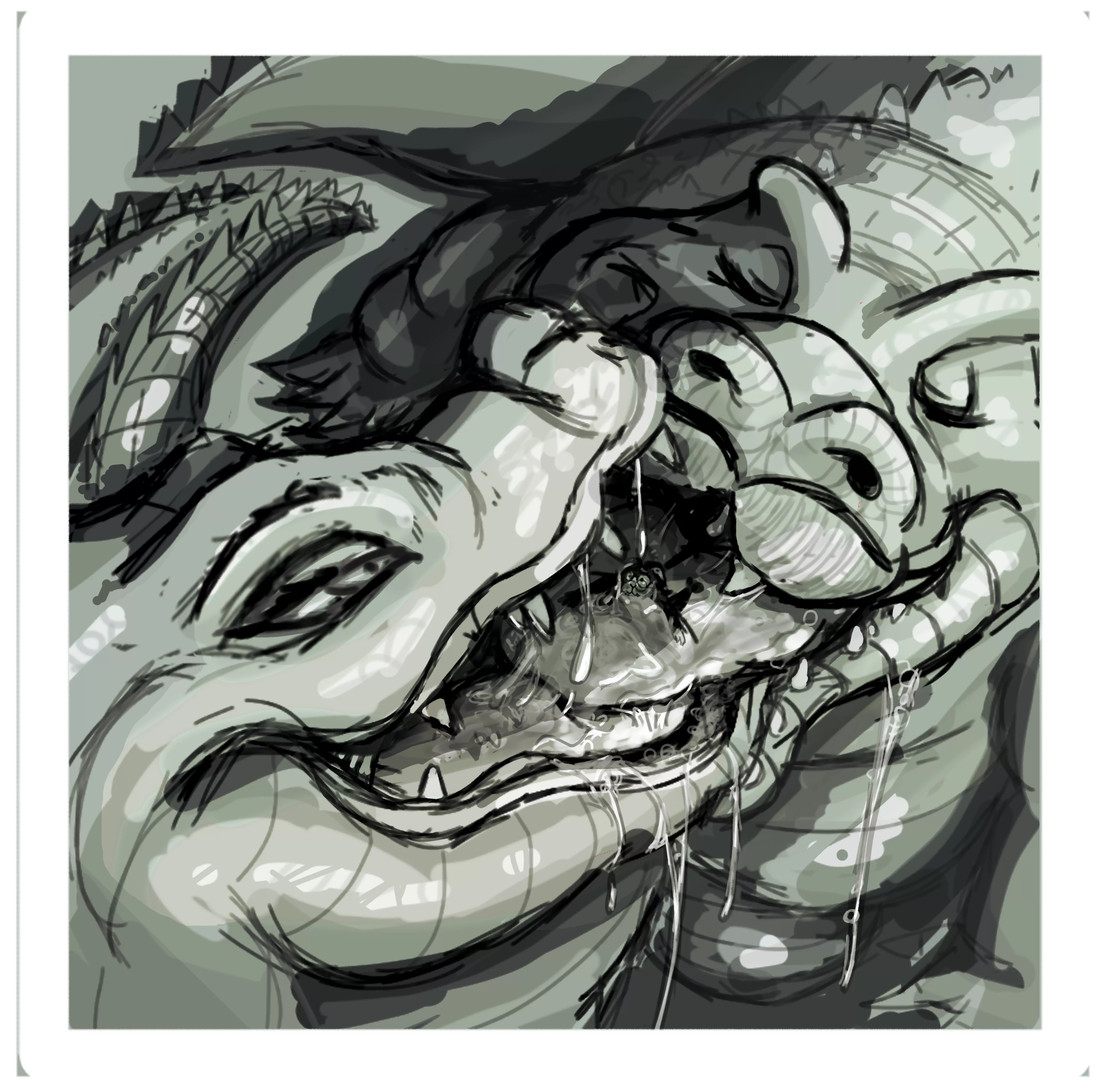 {image} 'Swapping Spit' two crocs kissing and sharing a toy (OC) (crocodiles) (bunny) (oral) (spit)