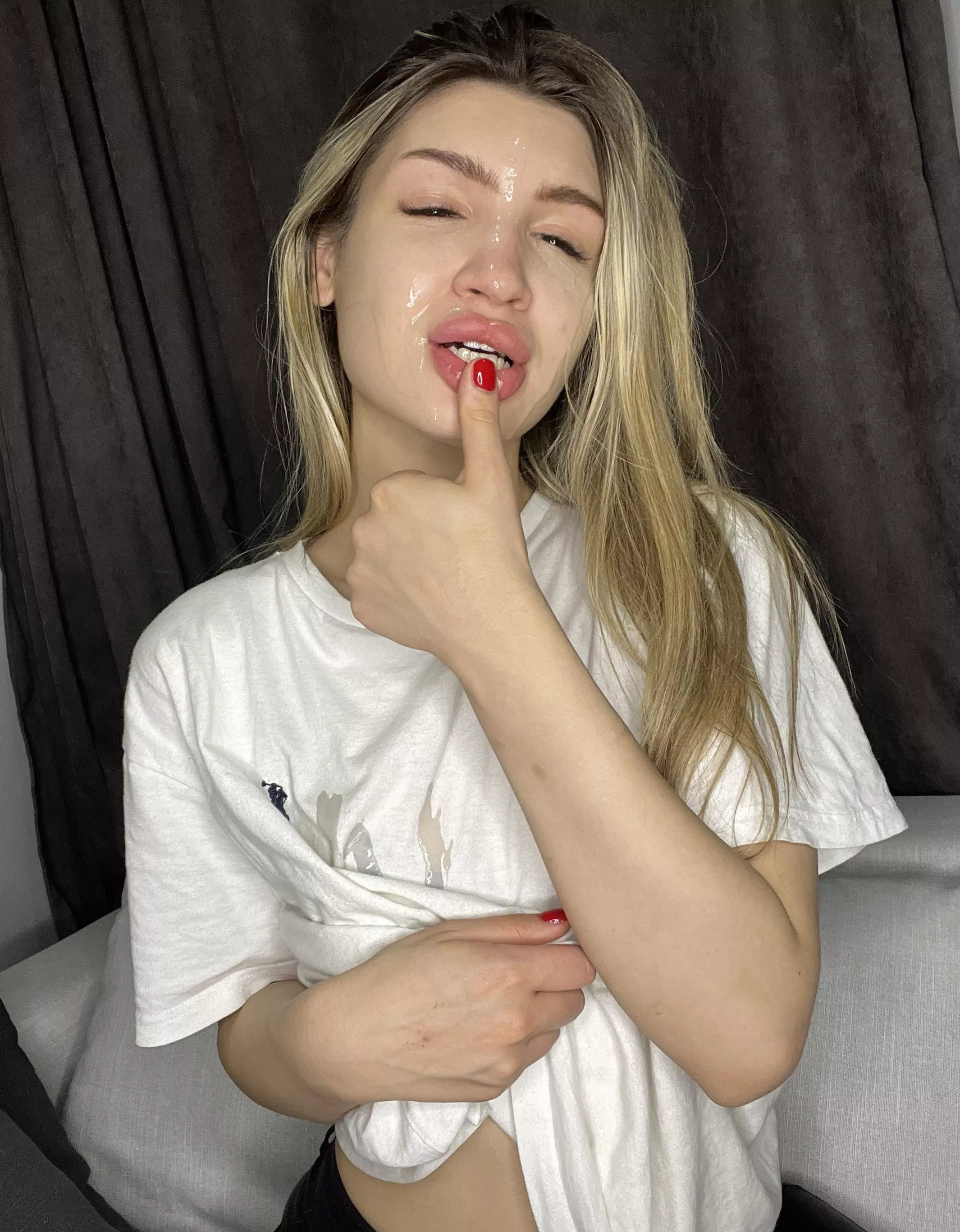 Blonde with big tits swallows hot cum