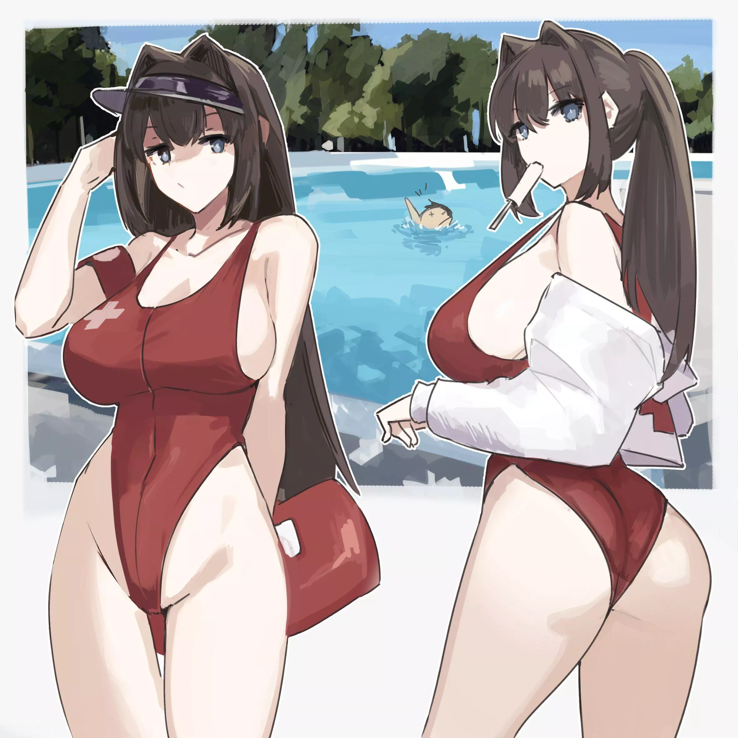 Aoko as a lifeguard at a pool