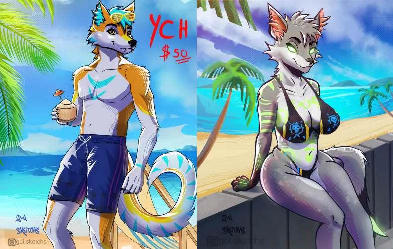 🐾 Hello guys ,Summer Beach YCH ! Slots Available ,Any Species,Come get yours ^^ Dm Me! (By Me)