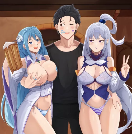 Aqua shows Subaru and Emilia how to properly party in a tavern. (Evon)