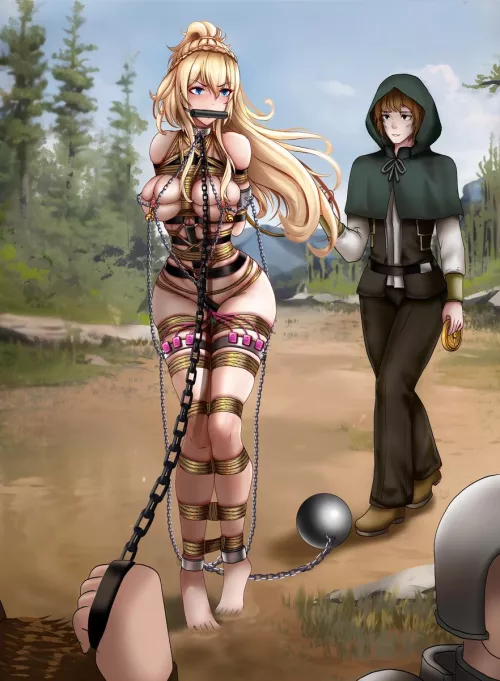 Forced to walk in ropes and chains by her captors