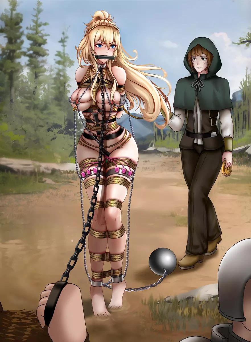 Forced to walk in ropes and chains by her captors