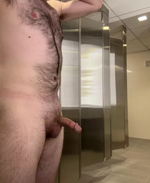 Fully naked & hard in a public bathroom (almost caught!)