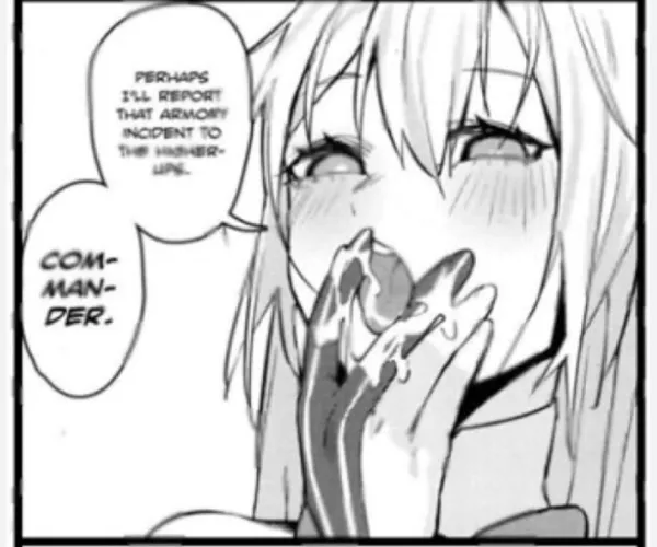 LF Mono Source: 1girl, close up, face, long hair, bangs, side locks, blushing, tongue out, licking fingers, perhaps i'll report that armory incident to the higher-ups com-man-der