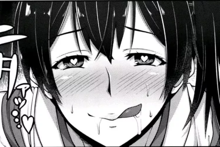 LF Mono Source: 1girl, close-up, face, side locks, bangs, heart shaped pupils, blushing, sweat, licking lips, saliva