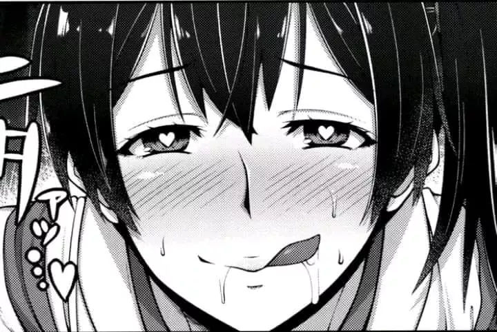 LF Mono Source: 1girl, close-up, face, side locks, bangs, heart shaped pupils, blushing, sweat, licking lips, saliva