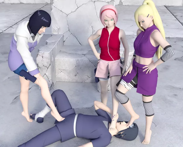 Sakura, Hinata and Ino capture and restrain a defeated Itachi underfoot [Naruto] (SoleMann)