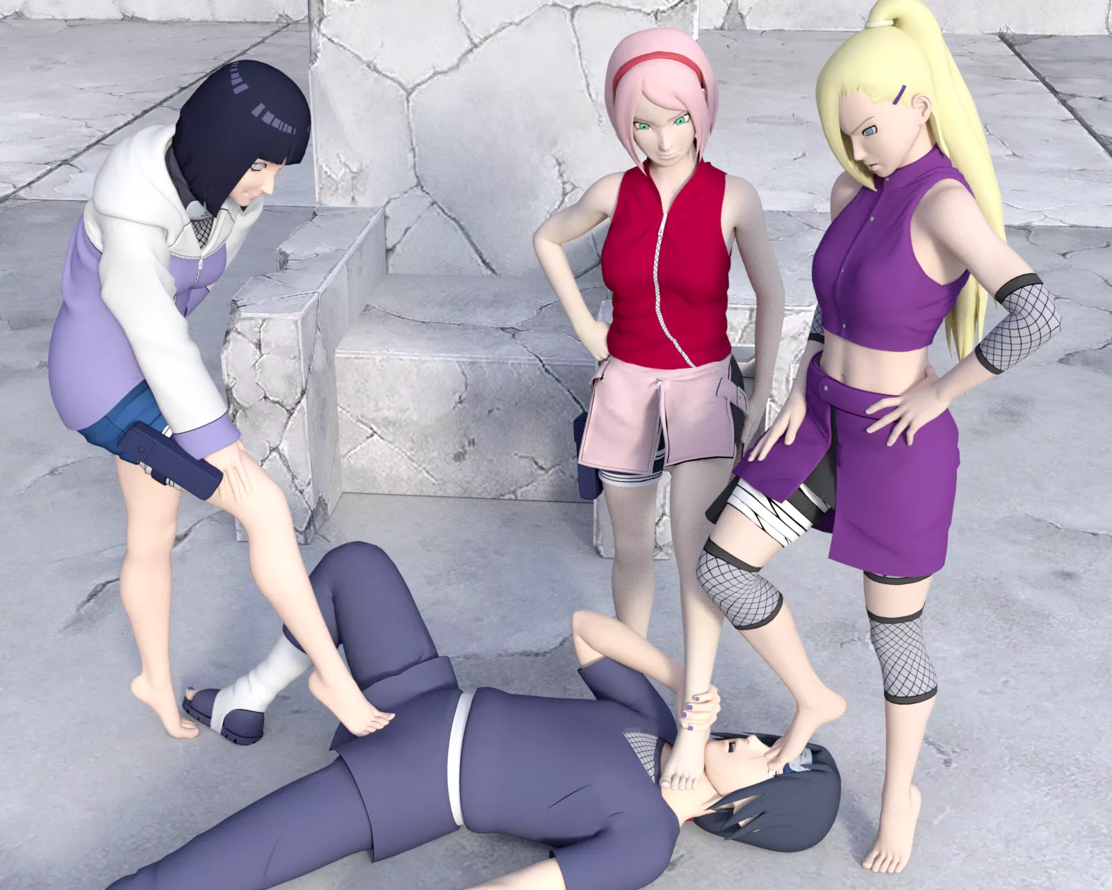 Sakura, Hinata and Ino capture and restrain a defeated Itachi underfoot [Naruto] (SoleMann)