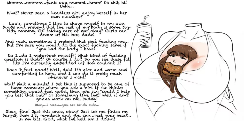 You encounter a “headless” girl enjoying herself… [dreams of mommydom] [motorboating] [self-straddling?]