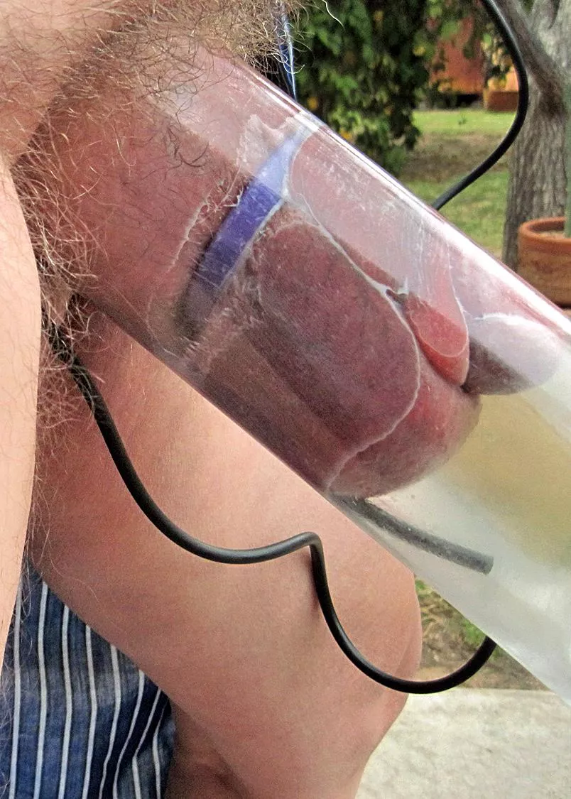 A late October pump in my backyard while wearing a cock ring. It was getting too cold to pump anymore outside.