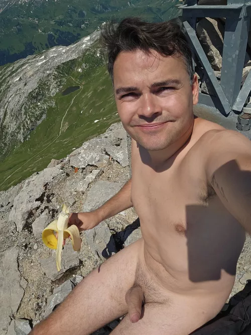 Eating a banana on the mountain