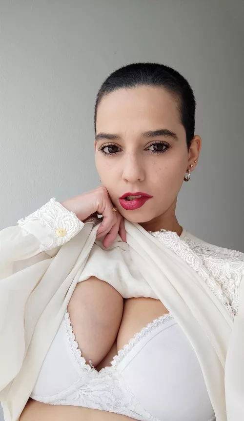 My white lingerie and my shaved hair match 