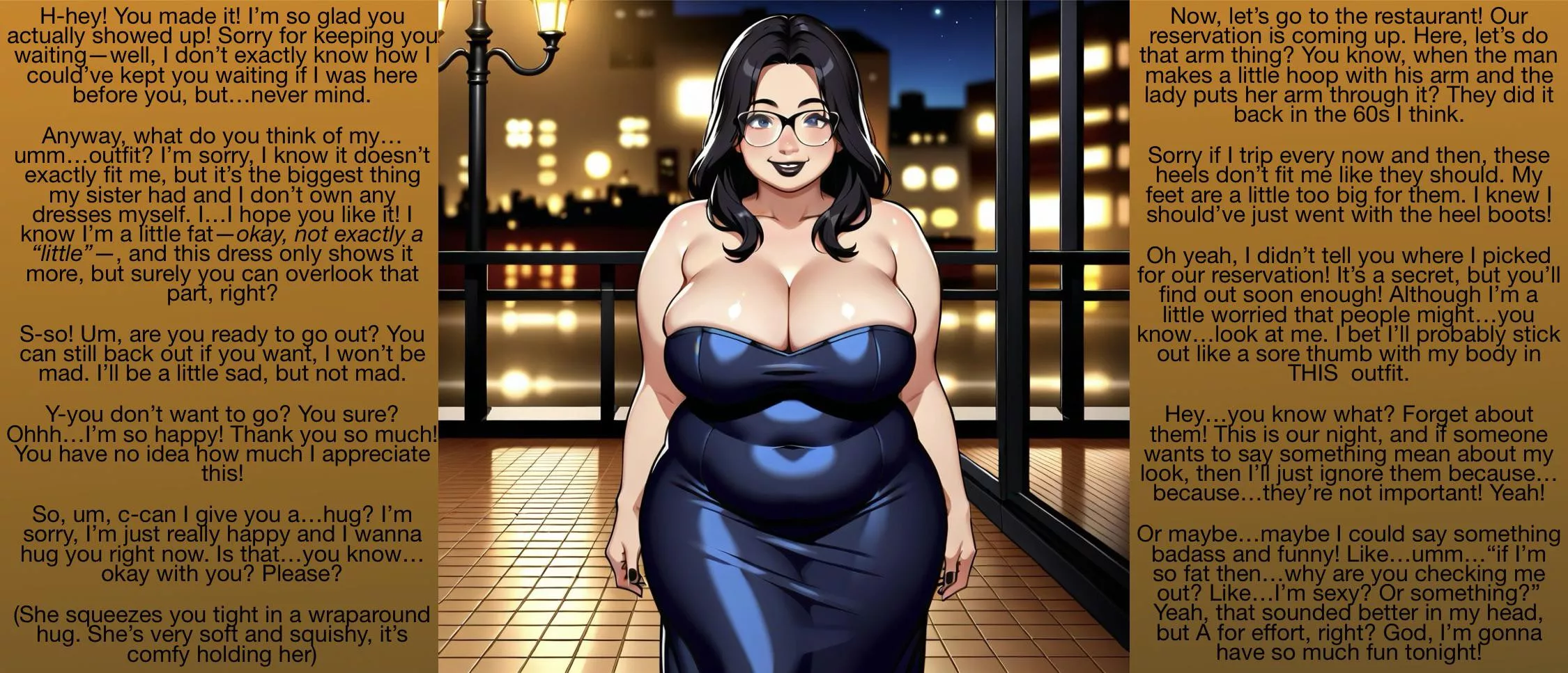 Double-stuffed with love [date] [chubby girl]  [tight dress] [nervousness] and [reassurance] [no sex] [romance blossoming]