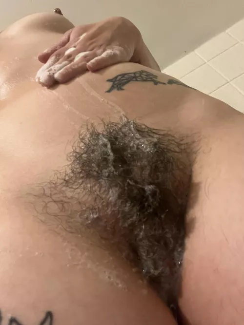 My yummy hairy pussy all soaped up in the shower is a sight to behold 