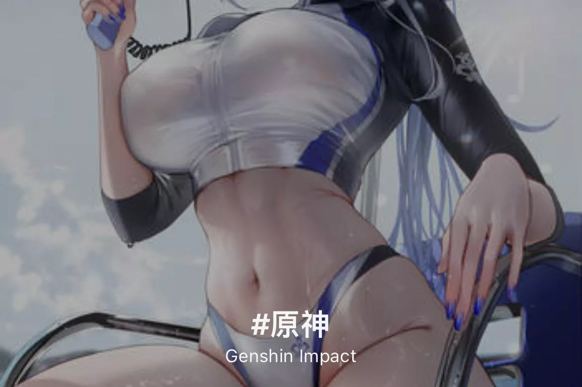 LF Color Source: 1girl, purple nails, long hair, sweating, sitting, large breasts, navel, clouds, Genshin Impact, holding object, head out of frame, chair 