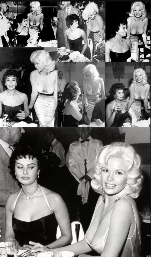Sophia Loren and Jayne Mansfield at Romanoff’s restaurant in Beverly Hills, 1957