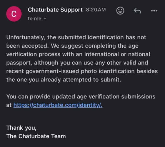 Chaturbate wont accept my only form of ID