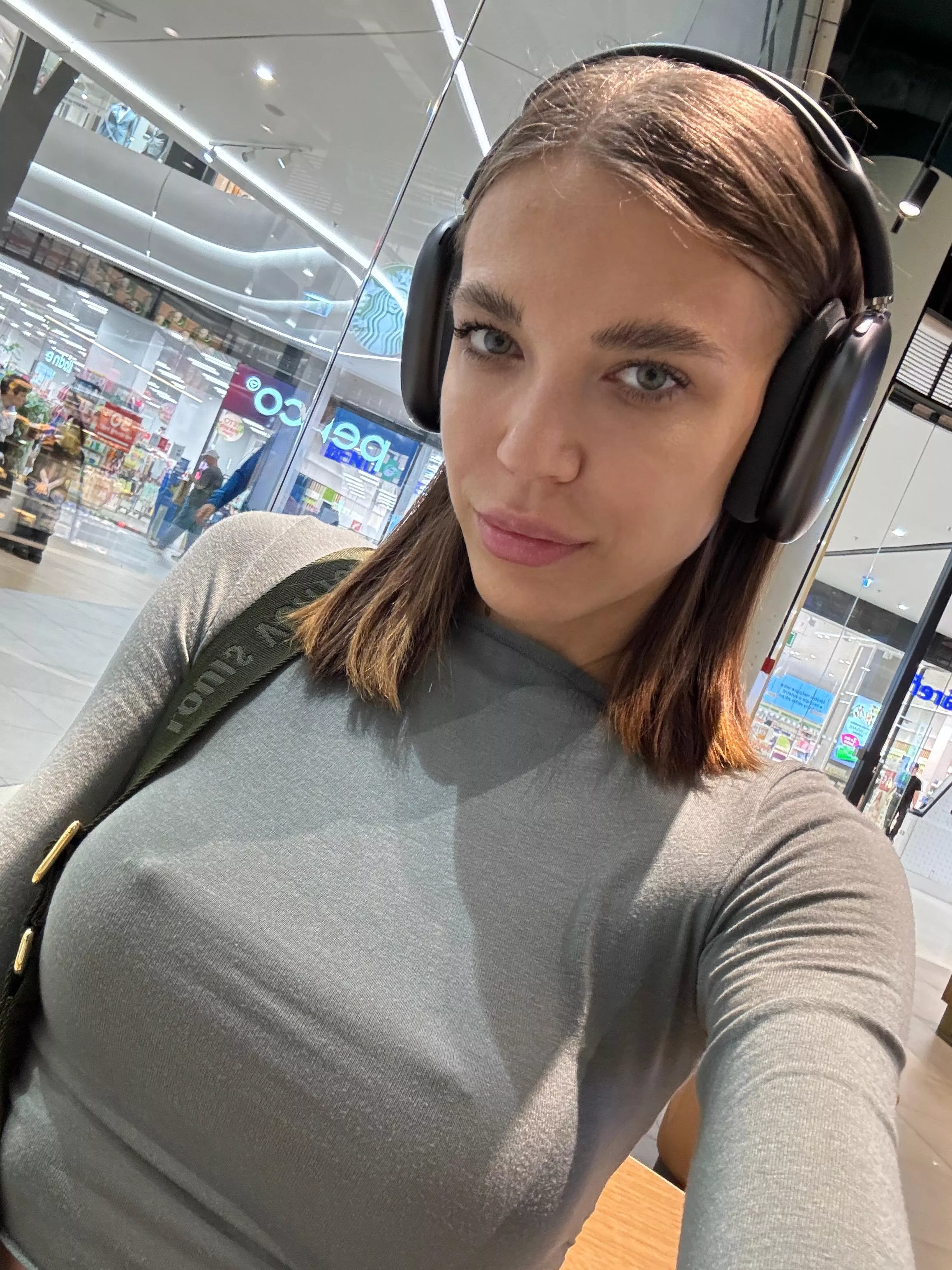 Green eyed look and pokies at the mall
