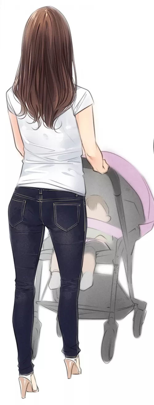 Mommy looks so good in her jeans walking down the street.