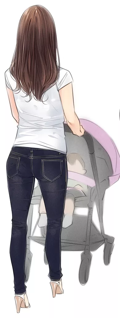 Mommy looks so good in her jeans walking down the street.