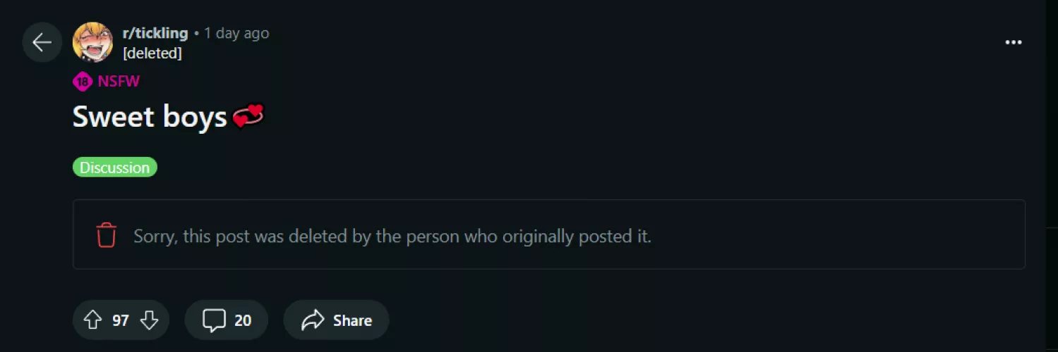 there are no female lers posting to r/tickling > a female ler posts to r/tickling > excessively down bad male lees start commenting > there are no female lers posting to r/tickling