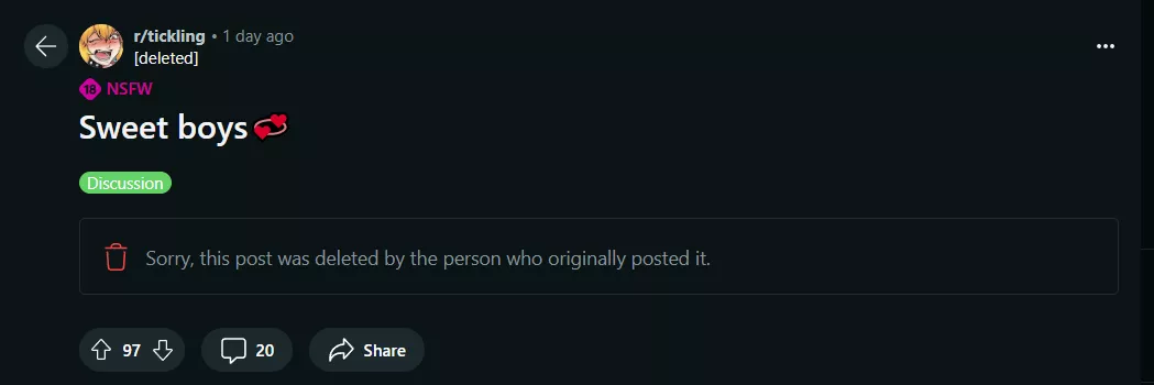 there are no female lers posting to r/tickling > a female ler posts to r/tickling > excessively down bad male lees start commenting > there are no female lers posting to r/tickling