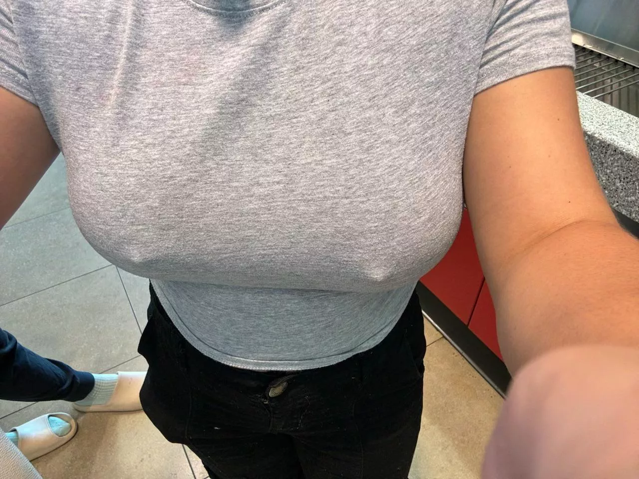 At subway with no bra 
