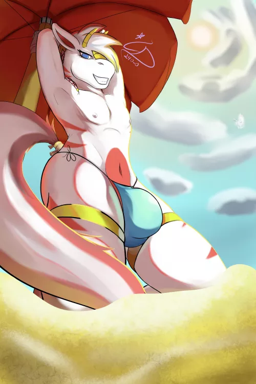 Sun bathing at the beach. Wanna see him unpack it?~ (Art by me, C-D)