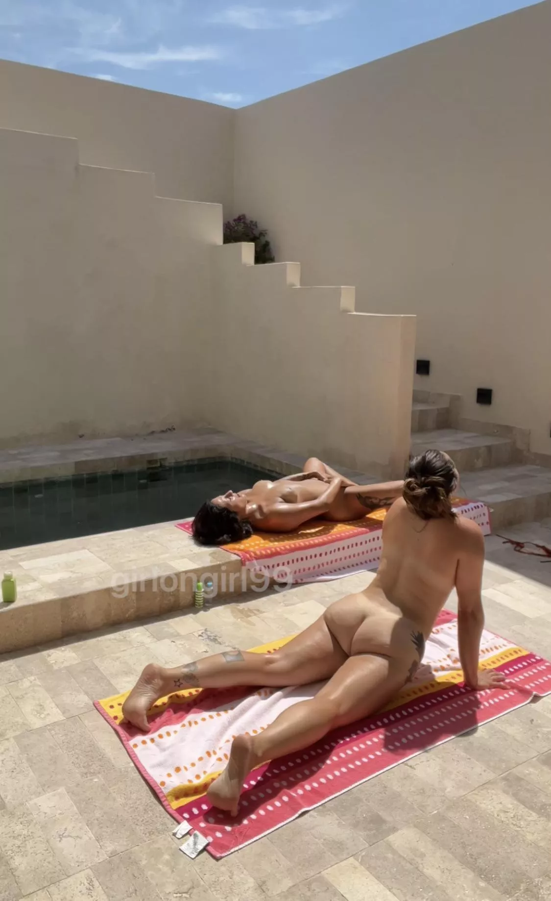 Stretching and yoga by the community pool