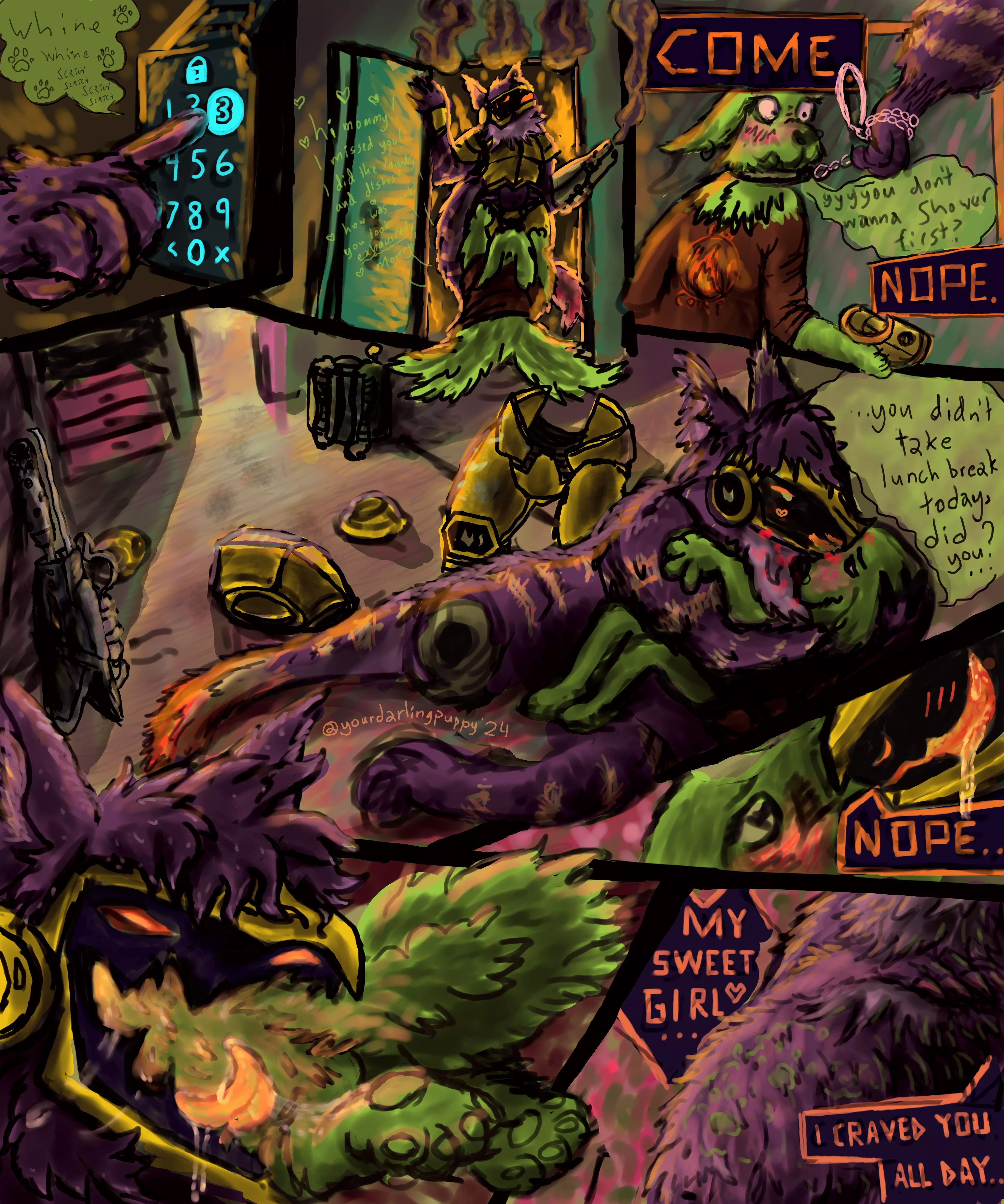 {image} 'How was work?' hungry protogen x puppygf (Art by yourdarlingpuppy) (Comic) (Commission) (protogen) (puppy) (wlw) 