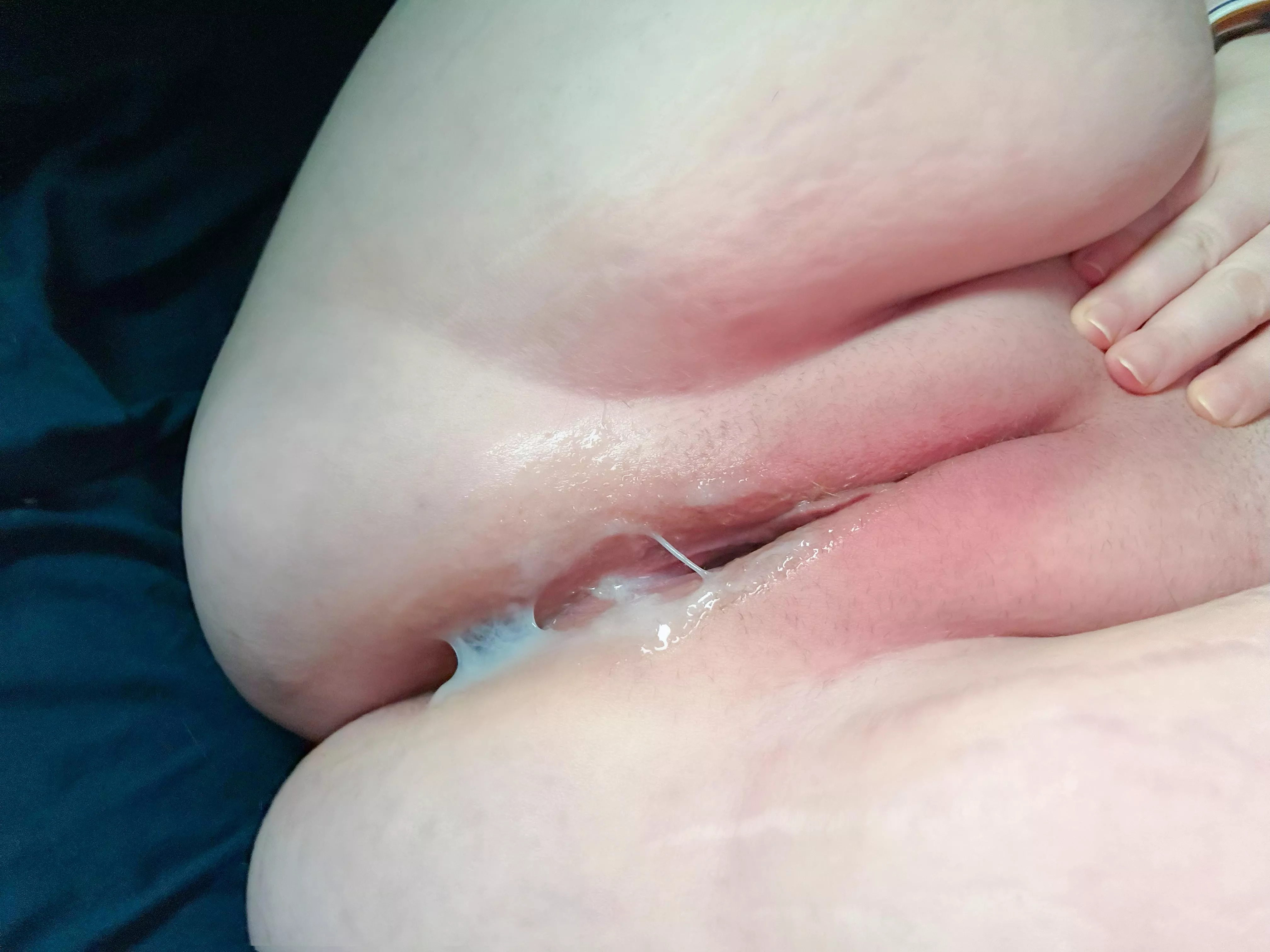 thick load in between my plump pussy lips. 