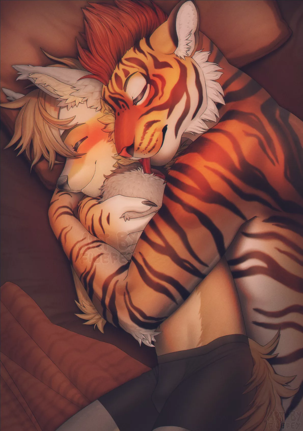Safe in your tiger boyfriend’s arms, for PanzicaChee, by fiuefey (me!)