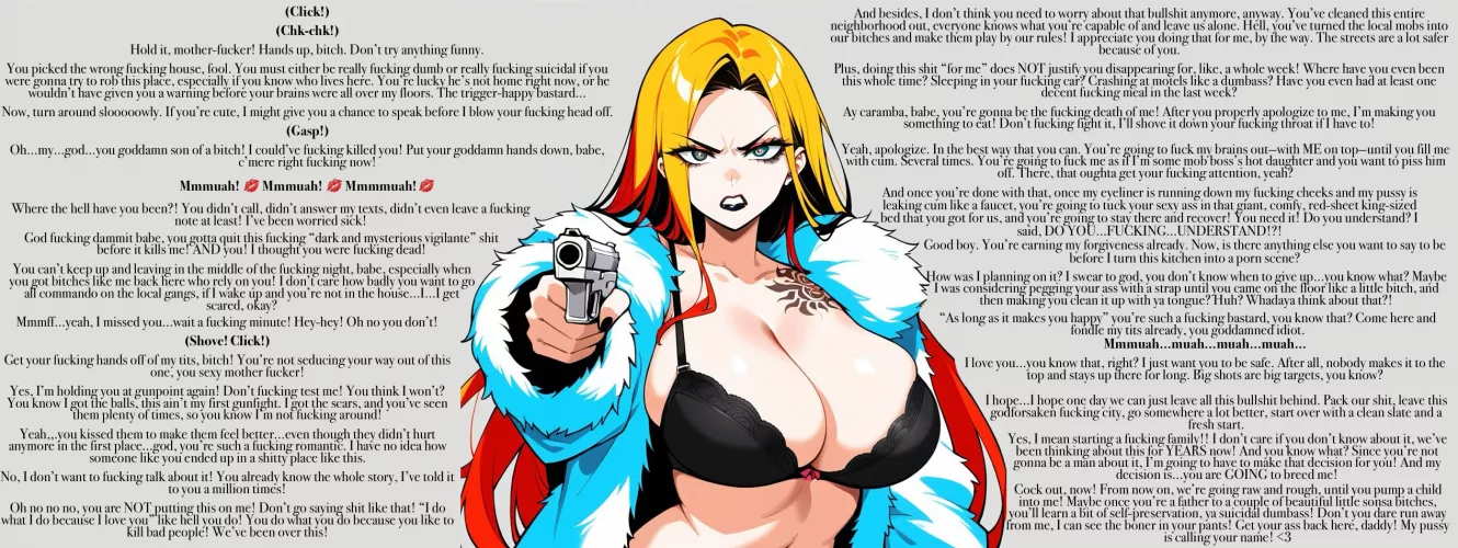 Love in a dark place [vigilante reader] [dangerous city] [a lot of swearing] [scolding] [love] [imminent baby-making] 