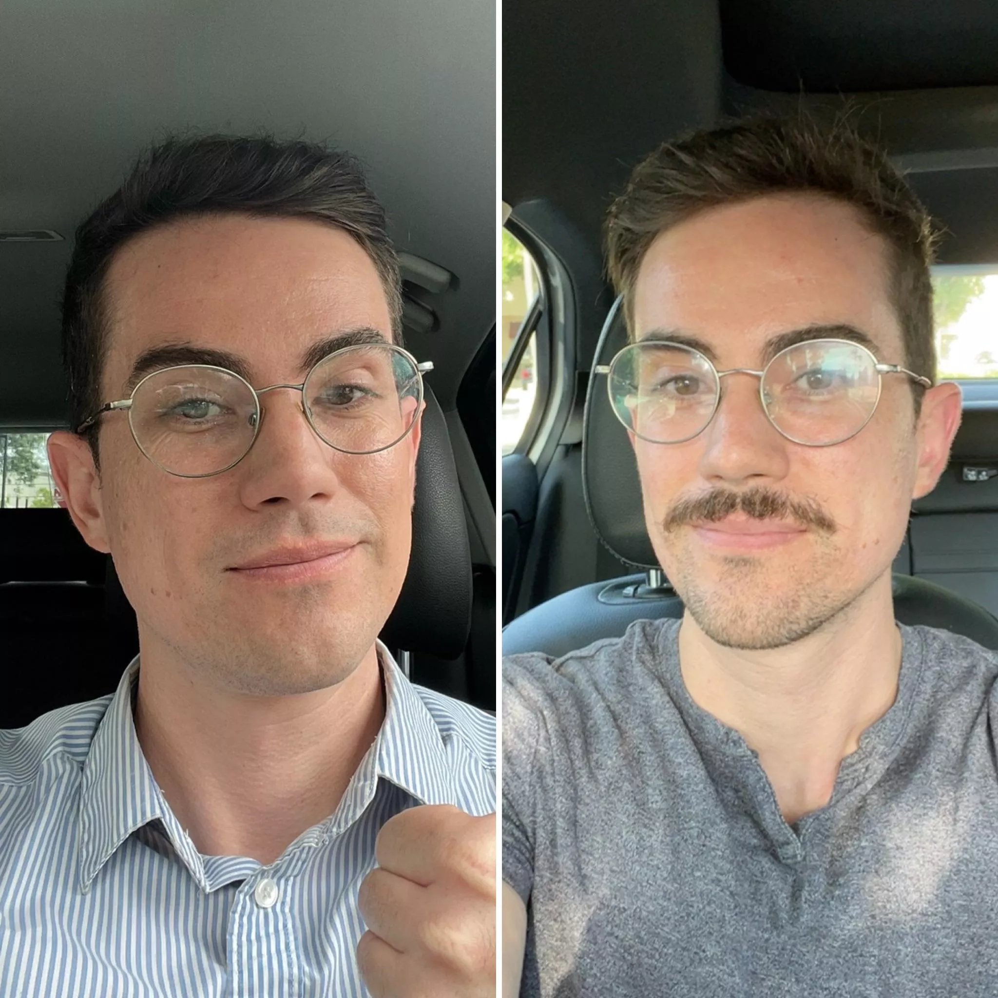 Me in May vs. me 10 minutes ago. Crazy what a little facial hair can do! 