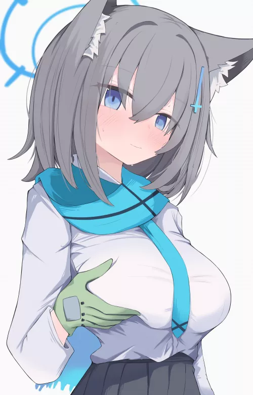 Shiroko touching her boobs