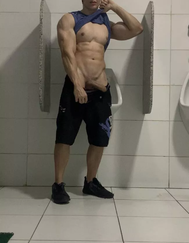 You're swallowing my dick in the middle of the gym bathroom and someone catch us. You keep sucking or run away?