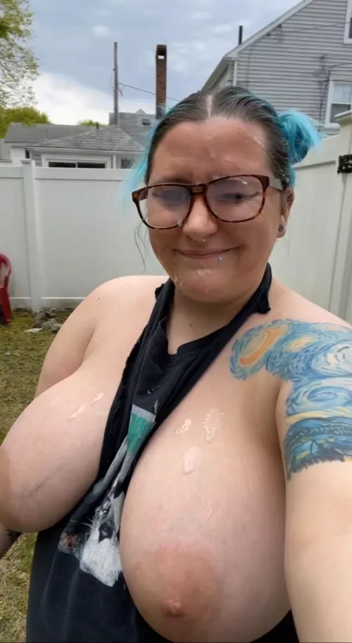 Cum covered in the back yard💦