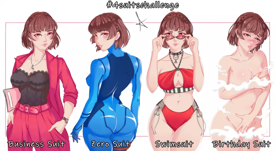 Makoto tries out a few different suits (red draws)