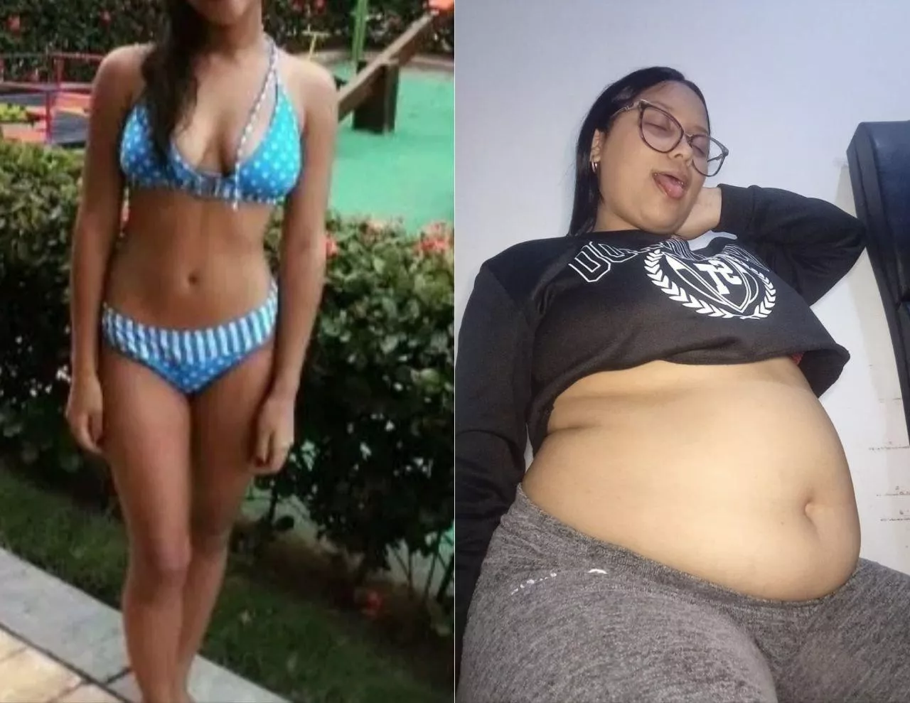 before and after, 5 months gaining 80 pounds, stuffed to maximum capacity🐷🥵