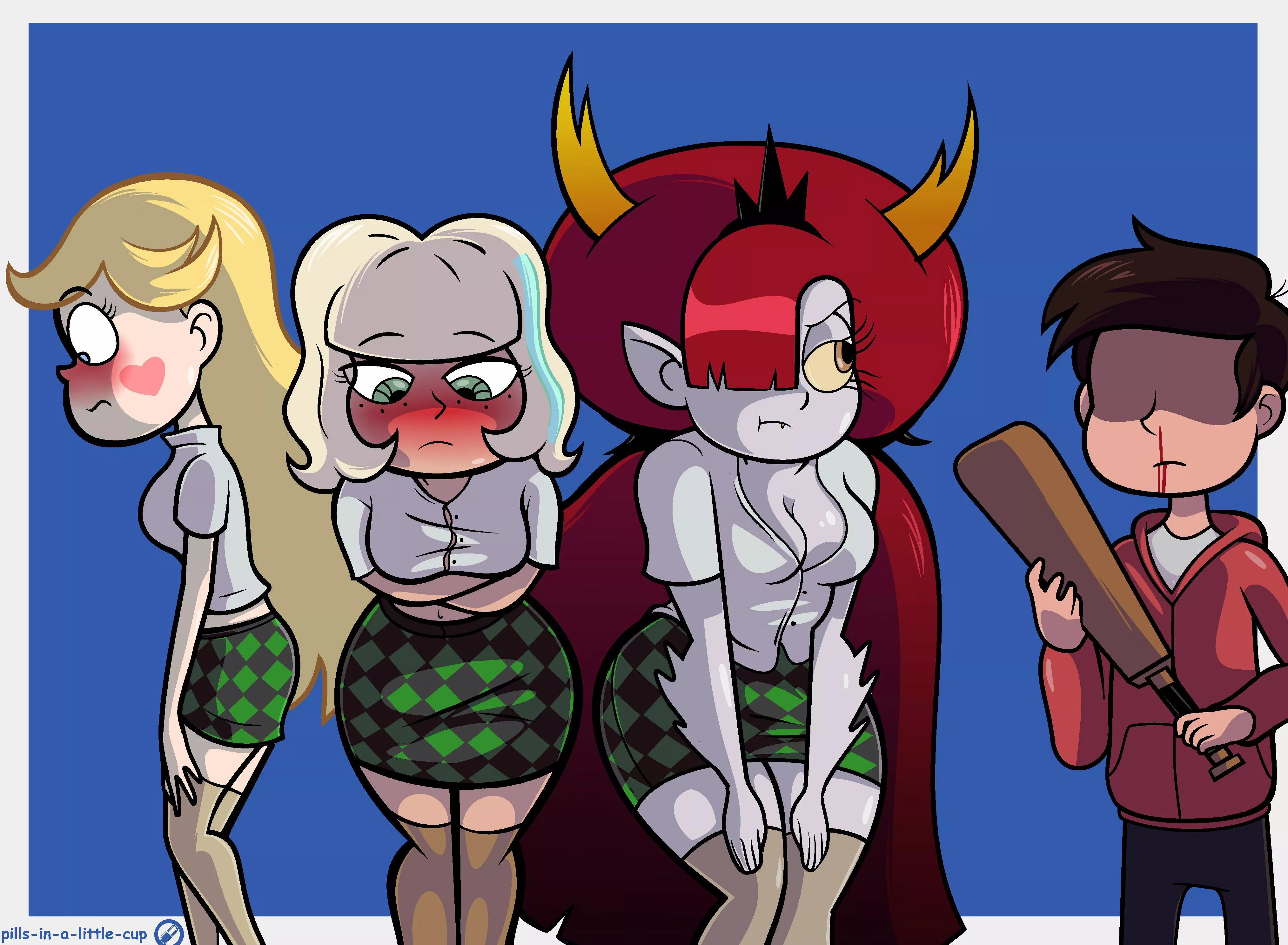 Marco about to punish Star, Jackie and Hekapoo. 
