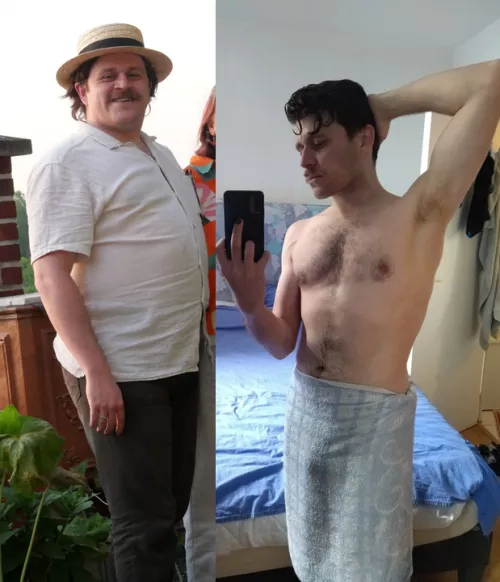 Roughly 1 year and 40 kg (77 lbs) apart. Quite proud of the result !
