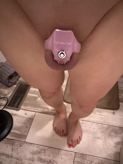 Showered, shaved, and caged like a good girl. 💜