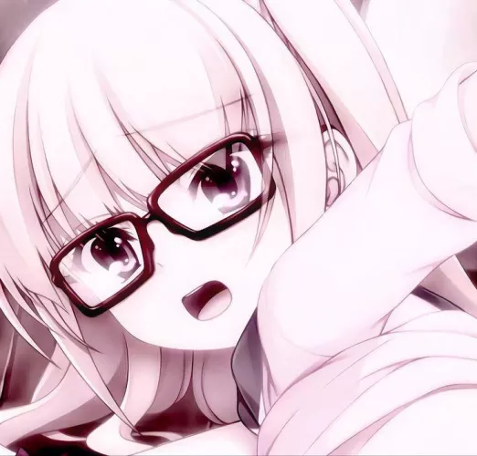 LF Color Source: glasses, open mouth, clothes lift, white hair, long hair, hand up, looking at viewer, dark red hair, eyebrows, school uniform