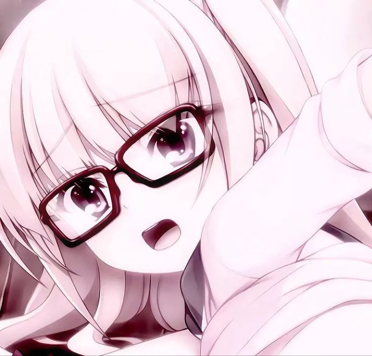 LF Color Source: glasses, open mouth, clothes lift, white hair, long hair, hand up, looking at viewer, dark red hair, eyebrows, school uniform