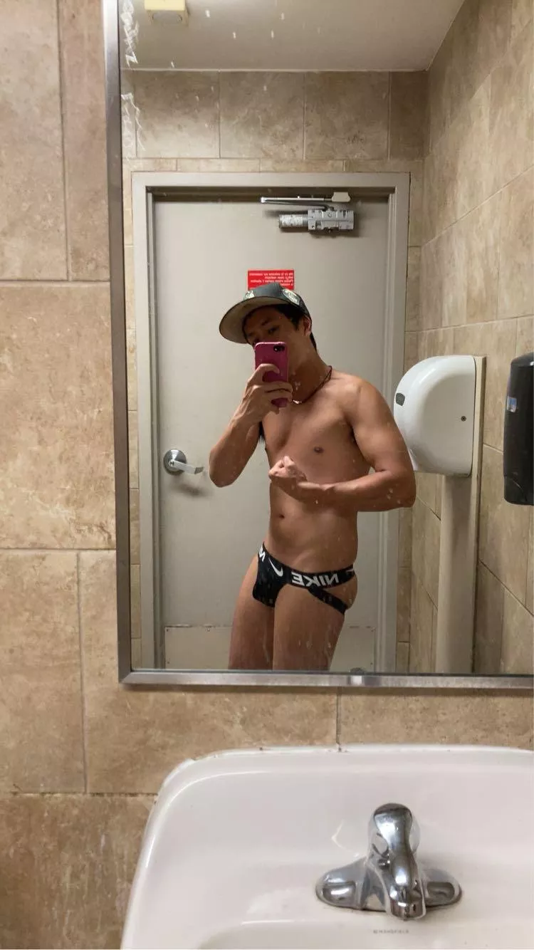 Be waiting for you in restroom in Nike jockstrap 😏 