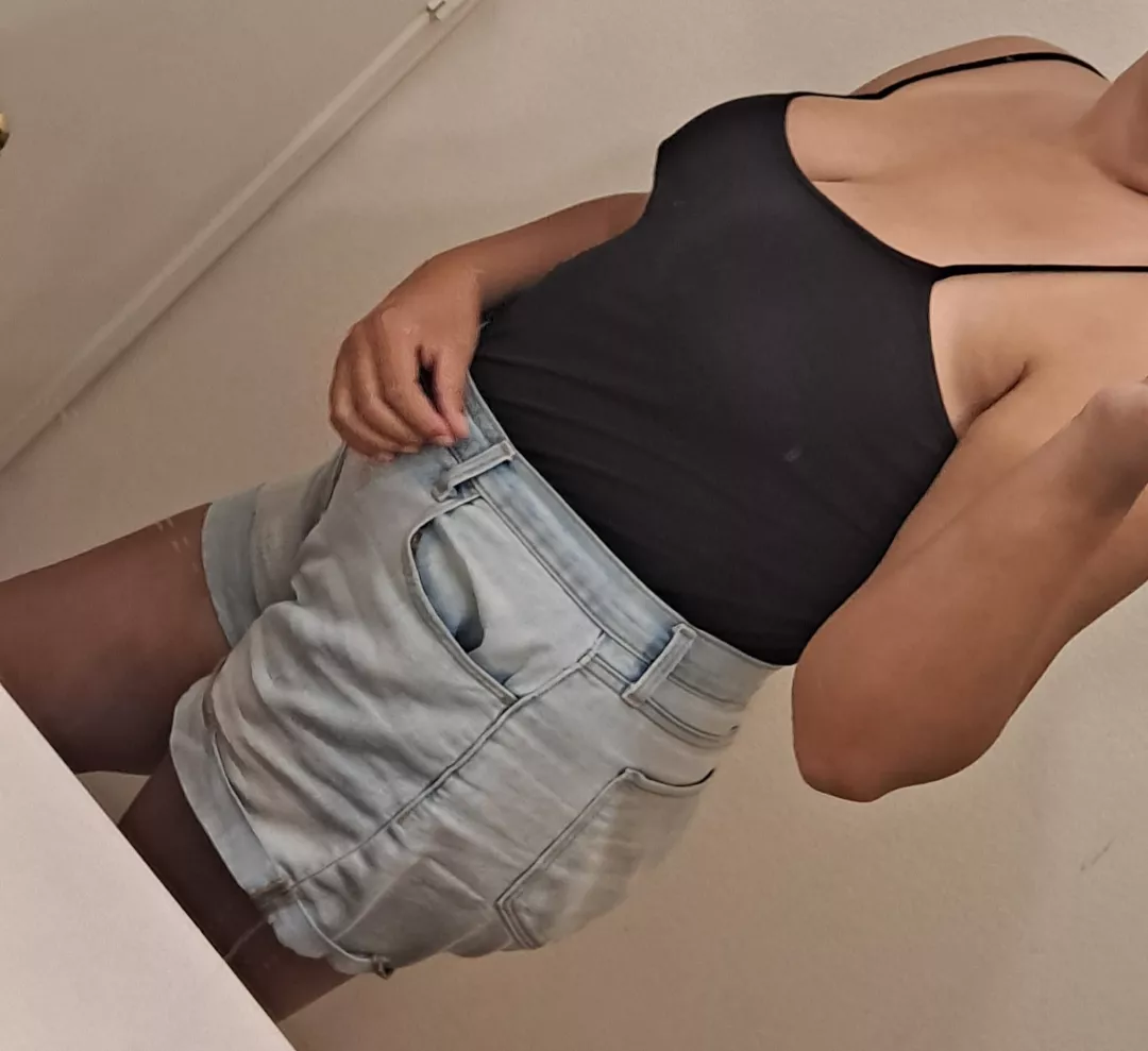 [F] jean shorts and braless tank top 