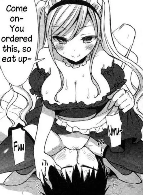 LF Mono Source: facesitting, maid, 1girl, 1boy, blonde, long hair, blushing, “Come on~ You ordered this, so eat up~”, “Nmu~”, “Fuu”