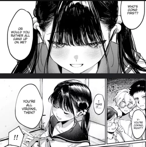 LF Mono Source: twintails, black hair, schoolgirl, sailor uniform, school uniform, 1girl, 3boys, medium boobs, “who’s going first”, “or would you rather all gang up on me?”, “you’re joking right?”, “I take it…”, “you’re all virg